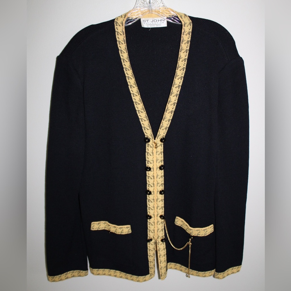 St. John Collection Black with Yellow Trim Knit Cardigan Jacket